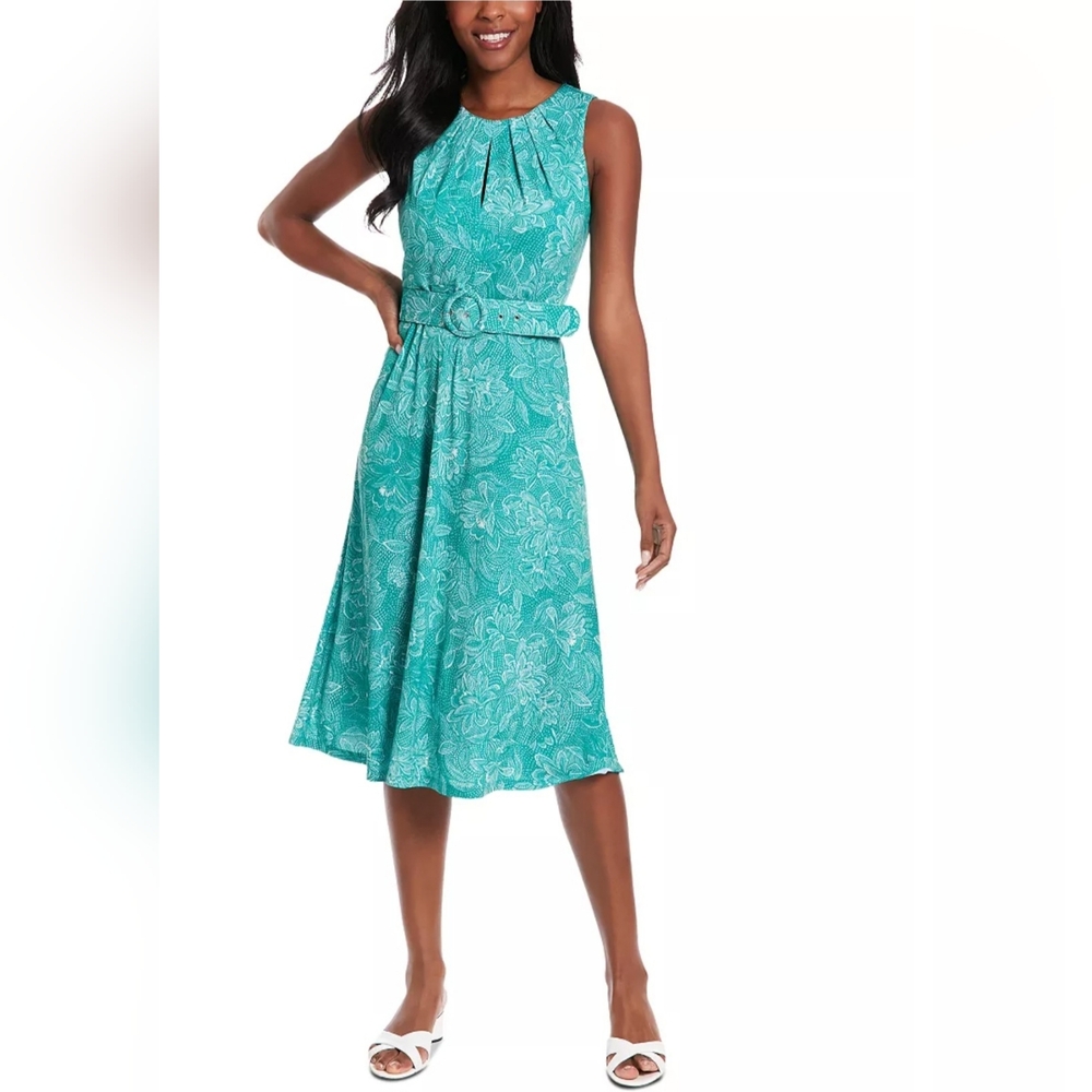 London Times Floral A-line Keyhole Belted Midi Zip Dress